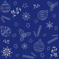 patrón sin costuras sobre un fondo azul bolas de navidad blancas copos de nieve y estrellas vector