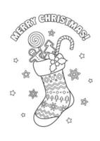 Christmas sock with candies and greeting. Cartoon vector illustration for coloring book page.