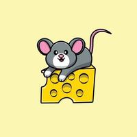 Ratón lindo en la ilustración de icono de vector de dibujos animados de queso