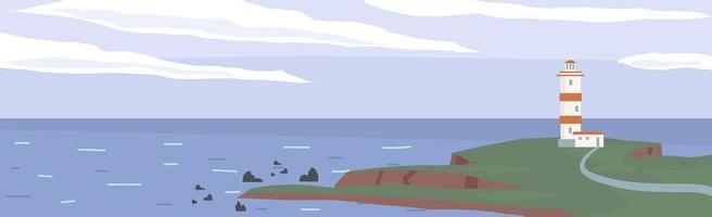 Panoramic seascape with high white lighthouse on the peninsula vector