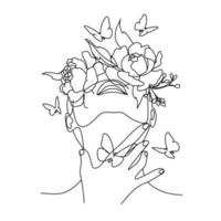 Woman face with butterfly. Line art female hands with butterflies. Abstract face with butterfly by one line drawing. Portrait minimalistic style. Botanical print. Nature symbol of cosmetics. vector