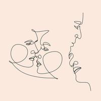 One Line Art Couple, Line Art Men and woman, Minimal Face Vector.  Couple print, Kiss print, Valentines Day Illustration. Love poster. 2 faces. We are one line. vector
