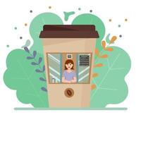Street coffee shop in the form of a cup of coffee. Flat vector illustration