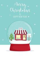 feliz navidad y tarjeta de año nuevo. escenas invernales del país de las maravillas en un globo de nieve. Ilustración de diseño de tarjeta de invierno para saludos, invitación. vector