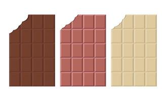 Set of dark, milk and white chocolate bar on white background. Flat vector illustration