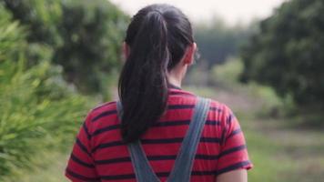 vrouw in rubberen laarzen aan het werk in biologische groenteboerderij. vrouwelijke boerenonderzoek in haar biologische boerderijveld in de ochtend. video