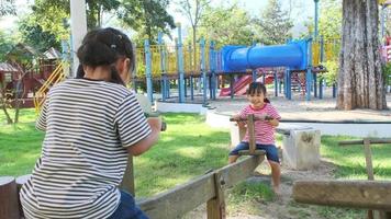 actieve zusjes spelen op een wip in de buitenspeeltuin. gelukkig kind meisjes glimlachen en lachen op kinderspeelplaats. spelen is leren in de kindertijd. video