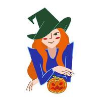 Beautiful lady witch vector illustration. Happy Halloween witch character in green hat with pumpkin on white