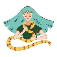 Woman with snake. Vector witch illustration with yellow snake. Halloween clip art illustration