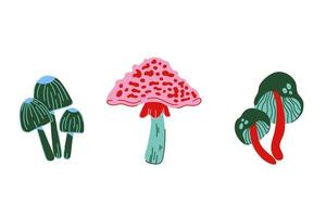 Dangerous set of poisonous mushrooms. Hand drawn colorful vector mushrooms collection in doodle style