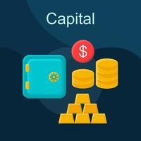 Capital flat concept vector icon. Deposit idea cartoon color illustrations set. Investment. Banking services. Financial fund. Gold bars, coins. Bank account. Insurance. Isolated graphic design element