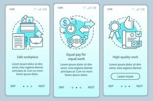 plantilla de vector de pantalla de página de aplicación móvil de incorporación de ética de trabajo. lugar de trabajo seguro, igual salario por trabajo. paso a paso del sitio web con ilustraciones lineales. concepto de interfaz de teléfono inteligente ux, ui, gui