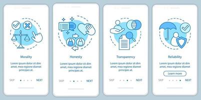 Ethical principles onboarding mobile app page screen vector template. Morality, transparency, reliability. Walkthrough website steps with linear illustrations. UX, UI, GUI smartphone interface concept