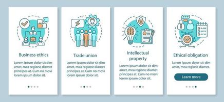 Business ethics onboarding mobile app page screen vector template. Trade union, intellectual property. Walkthrough website steps with linear illustrations. UX, UI, GUI smartphone interface concept