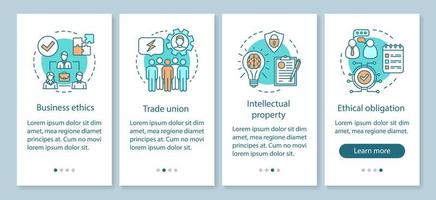 plantilla de vector de pantalla de página de aplicación móvil de incorporación de ética empresarial. sindicato, propiedad intelectual. paso a paso del sitio web con ilustraciones lineales. concepto de interfaz de teléfono inteligente ux, ui, gui