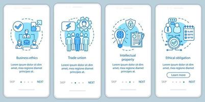 Business ethics onboarding mobile app page screen vector template. Trade union, intellectual property. Walkthrough website steps with linear illustrations. UX, UI, GUI smartphone interface concept