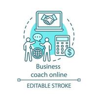 Business coach online concept icon. Mentoring consultancy . Make deal. International business partnership idea thin line illustration. Vector isolated outline drawing. Editable stroke