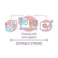 Chatting with tech support concept icon. Online customer service. Assistance for solving technical problem. Chat bot setup idea thin line illustration. Vector isolated outline drawing. Editable stroke