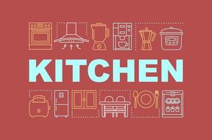 Kitchen word concepts banner. Food cooking room. Kitchen appliances. Dining room. Home maintenance. Presentation, website. Isolated lettering typography idea, linear icon. Vector outline illustration