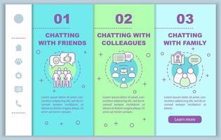 Chatting people onboarding mobile web pages vector template. Time online. Responsive smartphone website interface idea with linear illustrations. Webpage walkthrough step screens. Color concept