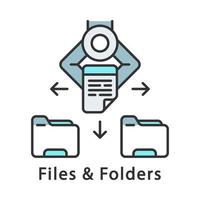 Files and folders color icon. Robot moving files into folders. Automatic file sorting. RPA. Automate clerical tasks, workflows. Robotic process automation. Isolated vector illustration