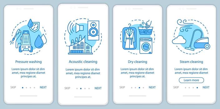 Cleaning methods onboarding mobile app page screen, linear concepts. Dry, steam cleanup. Four walkthrough steps graphic instructions. Pressure washing. UX, UI, GUI vector template with illustrations