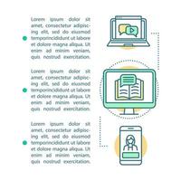 Plantilla de vector de página de artículo de cursos en línea. e-learning. folleto, revista, elemento de diseño de folleto con iconos lineales y cuadros de texto. diseño de impresión. ilustraciones de concepto con espacio de texto