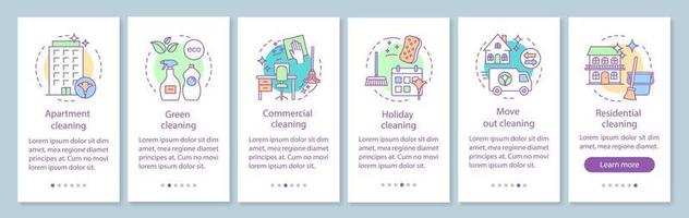 Cleaning services onboarding mobile app page screen, linear concepts. Commercial, holiday, move out cleanup. Six walkthrough steps graphic instructions. UX, UI, GUI vector template with illustrations
