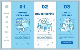 House service onboarding mobile web pages vector template. Housekeeping. Maid service. Responsive smartphone web interface idea, linear illustration. Webpage walkthrough step screen. Color concept