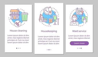 House service onboarding mobile app page screen, linear concepts. House cleanup. Housekeeping. Maid service. Three walkthrough steps graphic instruction. UX, UI, GUI vector template with illustration