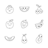 frutas lindos personajes lineales kawaii. feliz plátano y sandía. sonriente tomate y cereza. conjunto de iconos de línea delgada. vector ilustración de contorno aislado. trazo editable