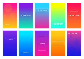 Freedom social media stories duotone template set. Gradient advertising web banner with text, promotion content layout. Modern vibrant mobile app design. Blending rainbow colors with frame mockup pack vector