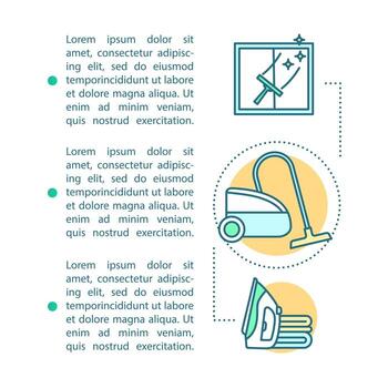 Plantilla de vector de página de artículo de mantenimiento del hogar. pasar la aspiradora y planchar. folleto, revista, elemento de diseño de folleto con iconos lineales y cuadros de texto. diseño de impresión. ilustraciones de concepto con espacio de texto