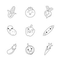 Vegetables cute kawaii linear characters. Happy tomato and peas. Smiling potato and onion. Thin line icon set. Vector isolated outline illustration. Editable stroke