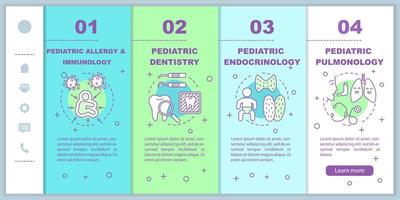 Pediatrics onboarding mobile web pages vector template. Immunology, dentistry. Responsive smartphone website interface idea with linear illustrations. Webpage walkthrough step screens. Color concept