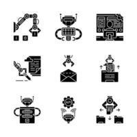 RPA glyph icons set. Robotic process automation benefits. Development and using clerical process automation technology. Automate workflows. Silhouette symbols. Vector isolated illustration