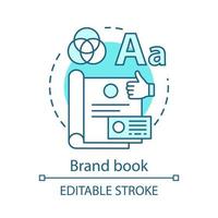 Brand book concept icon. Concepts, attributes, target audience description. Brand management idea thin line illustration. Official company document. Vector isolated outline drawing. Editable stroke