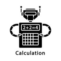 Calculation glyph icon. Complex math calculations. Robot holding calculator. Robotic process automation. Silhouette symbol. Negative space. Vector isolated illustration