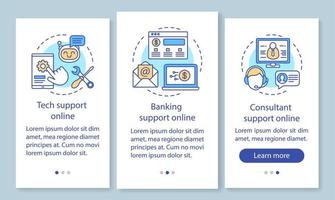 Customer support online onboarding mobile app page screen with linear concepts. Tech, banking, consultant support walkthrough steps graphic instructions. UX, UI, GUI vector template with illustrations