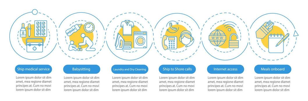 Cruise facilities vector infographic template. Medical service, babysitting. Business presentation design elements. Data visualization with steps and options. Process timeline chart. Workflow layout