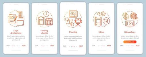 plantilla de vector de pantalla de página de aplicación móvil de incorporación de producción de video. proceso de realización de películas. industria del cine. paso a paso del sitio web con ilustraciones lineales. concepto de interfaz de teléfono inteligente ux, ui, gui
