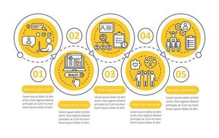 Volunteers finding vector infographic template. Humanitarian help. Business presentation design elements. Data visualization with five steps and options. Process timeline chart. Workflow layout