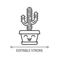 saguaro lindo personaje lineal kawaii. cactus con cara sonriente. cactus caseros con lengua fuera. feliz planta tropical en maceta. icono de línea delgada. vector ilustración de contorno aislado. trazo editable