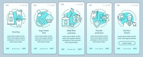 rutina de higiene bucal incorporación de la pantalla de la página de la aplicación móvil con conceptos lineales. odontología. dientes sanos practique instrucciones gráficas de pasos paso a paso. ux, ui, plantilla de vector de interfaz gráfica de usuario con ilustraciones