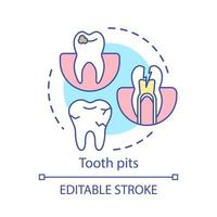 Tooth pits concept icon. Enamel destruction, caries. General dental diseases. Oral troubles. Tooth decay and cavities idea thin line illustration. Vector isolated outline drawing. Editable stroke