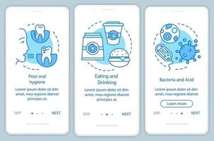 Causes of tooth diseases onboarding mobile app page screen with linear concepts. Why teeth are destroyed walkthrough steps graphic instructions. UX, UI, GUI vector template with illustrations