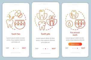 Disease symptoms onboarding mobile app page screen with linear concepts. Dentistry. Cavities and tooth decay walkthrough steps graphic instructions. UX, UI, GUI vector template with illustrations