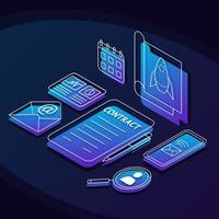 Startup launch isometric color vector illustration. Business development linear icons infographic. Marketing strategy planning, audit 3d concept. Audience research web design on dark blue background