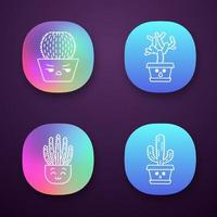 Cactuses app icons set. Plants with sad faces. Angry barrel cactus. Organ pipe cacti. Hushed teddy bear cholla in pot. UI UX user interface. Web or mobile applications. Vector isolated illustrations