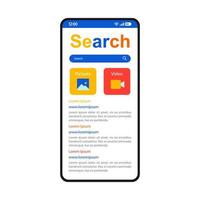 Internet search smartphone interface vector template. Mobile app page white design layout. Online browser, search bar screen. Flat UI for application. Latest news, pictures, videos. Phone display